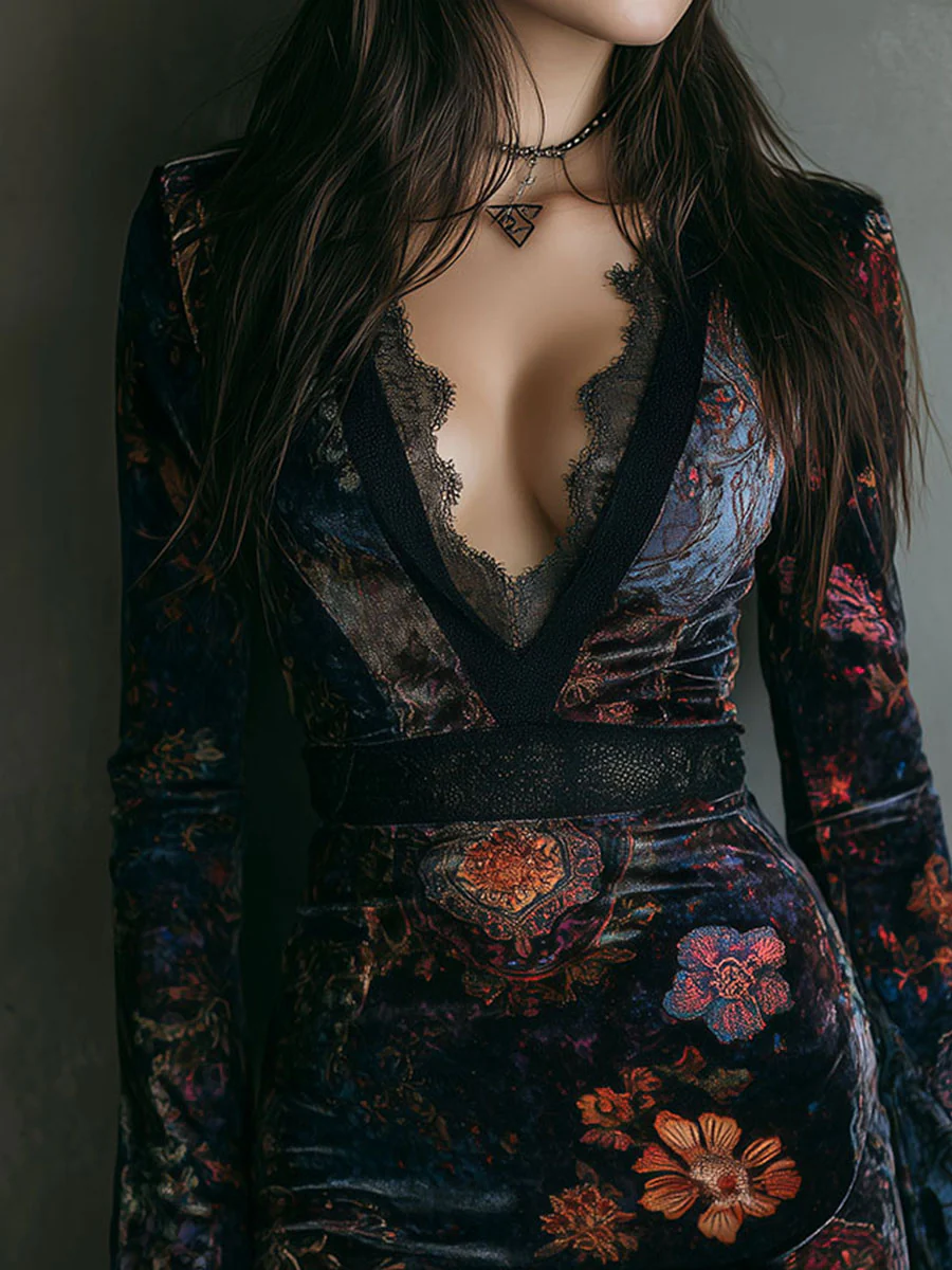 Iris | Mini Robe Ajustée en Velours, Dentelle et Imprimé Floral