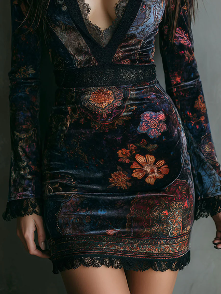 Iris | Mini Robe Ajustée en Velours, Dentelle et Imprimé Floral