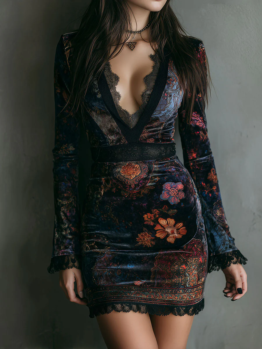 Iris | Mini Robe Ajustée en Velours, Dentelle et Imprimé Floral