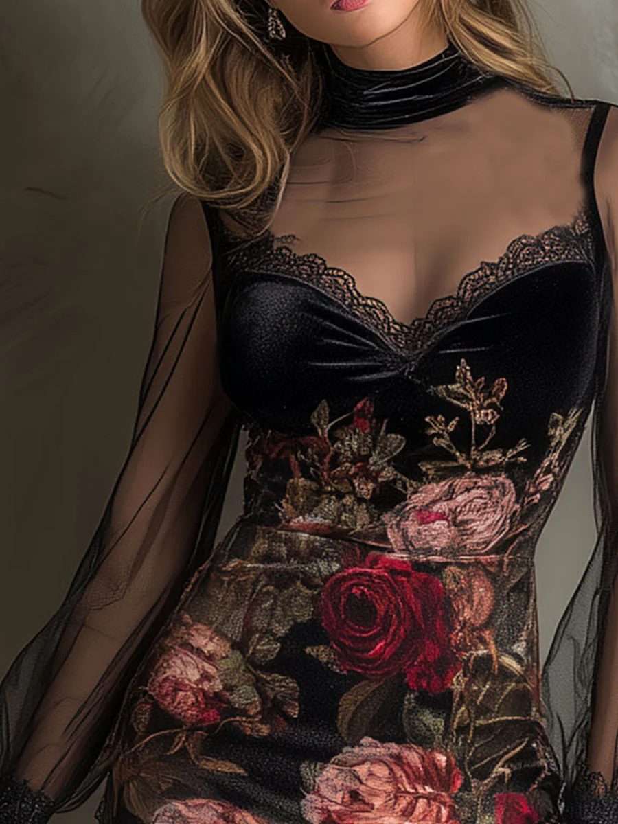 Églantine | Mini Robe en Tulle, Imprimé Roses et Dentelle