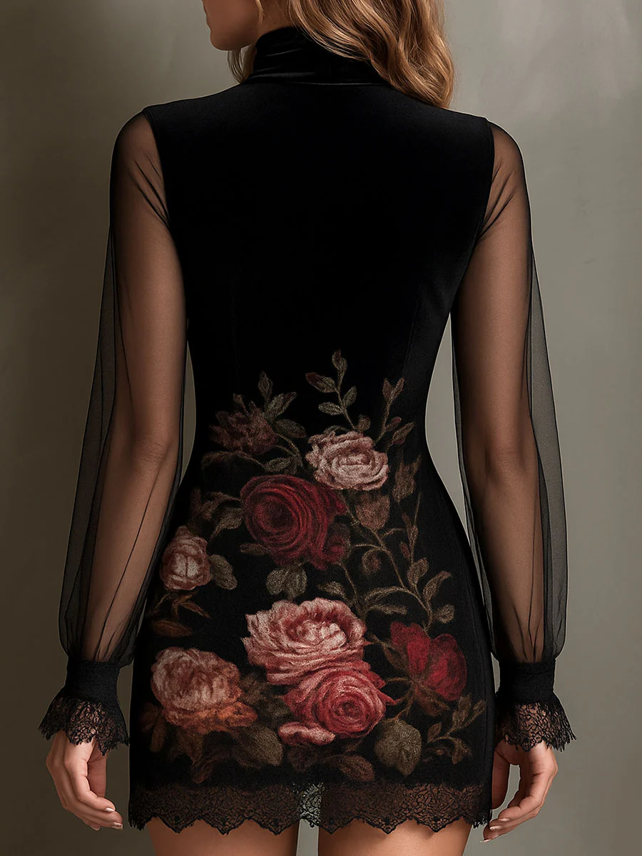 Églantine | Mini Robe en Tulle, Imprimé Roses et Dentelle