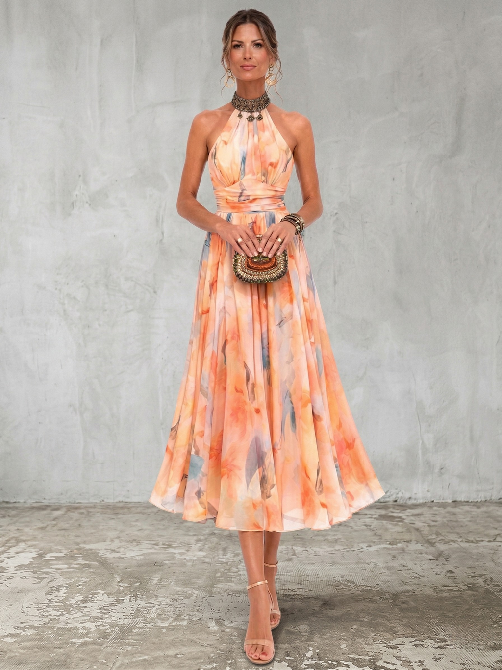 Aurore | Robe à Col Halter et Imprimé Aquarelle