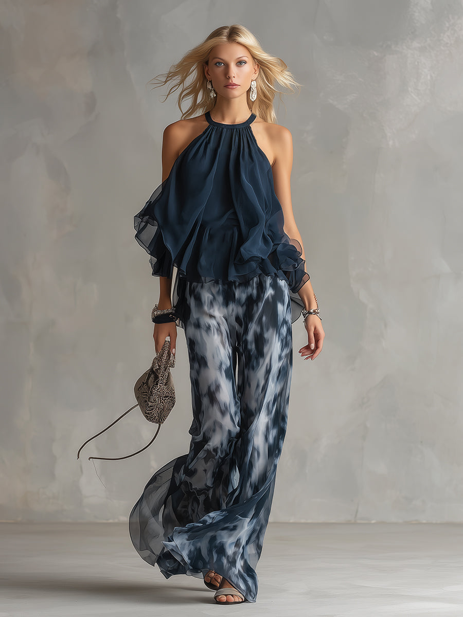 Chloé | Ensemble élégant avec haut dos nu bleu marine et pantalon large imprimé