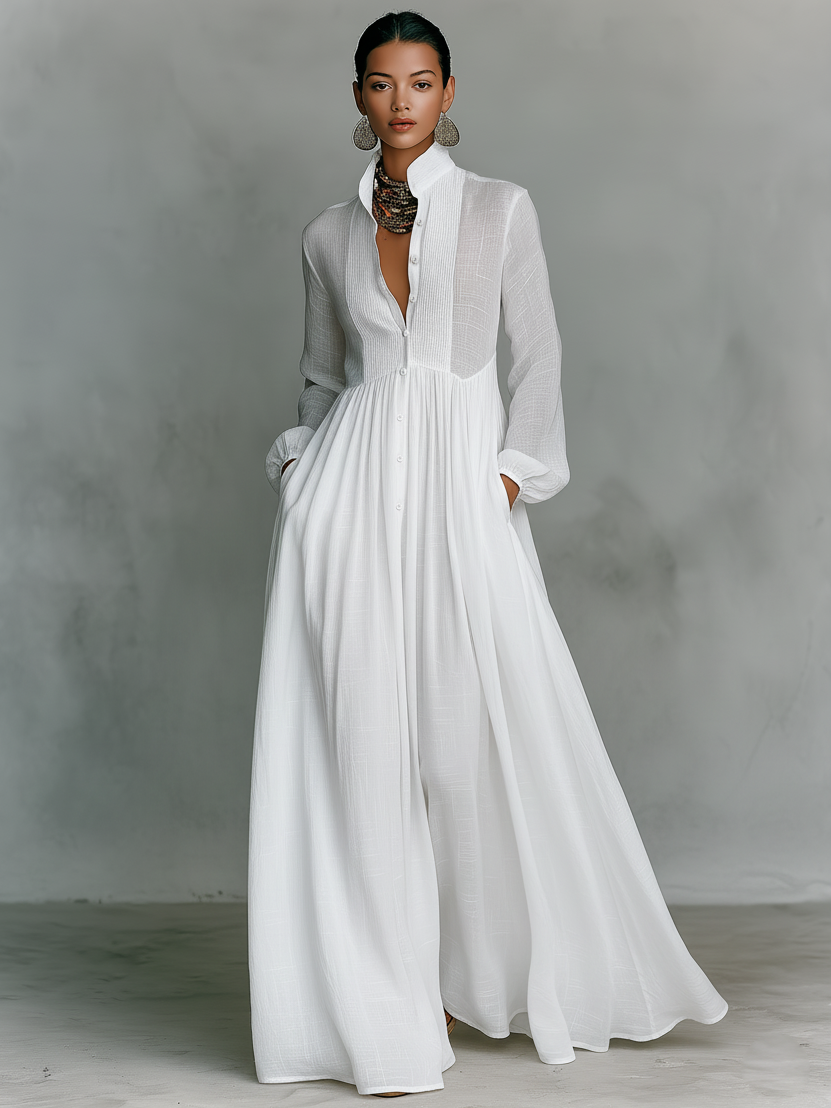 Zoé | Robe Maxi Patchwork en Coton et Lin, Col Montant