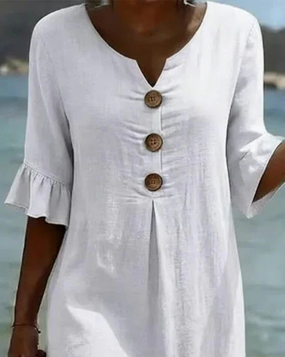 Monique | Robe boutonnée en aspect lin à manches bouffantes