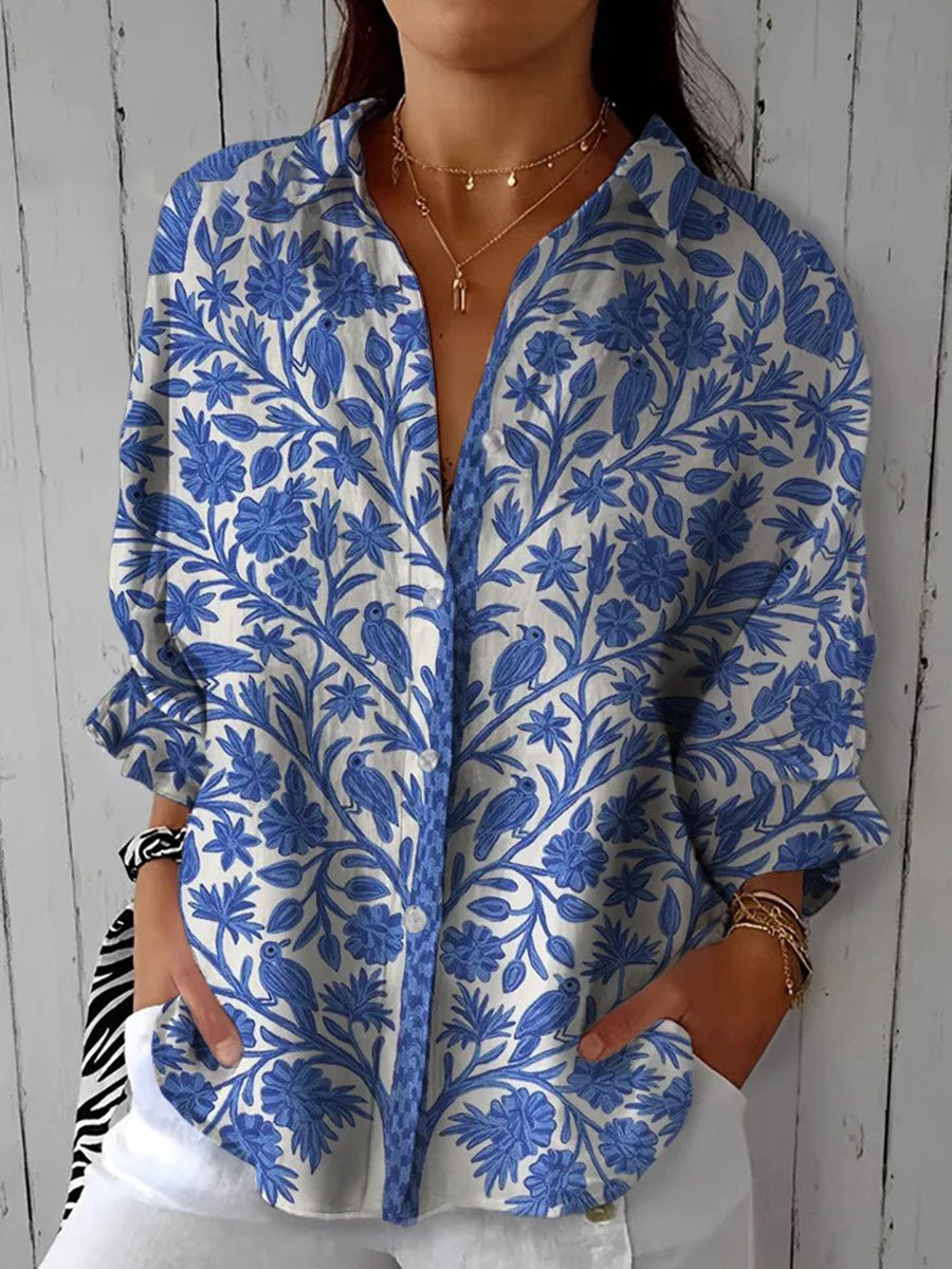 Frederikke | Camicetta Blu con Motivo Giardino