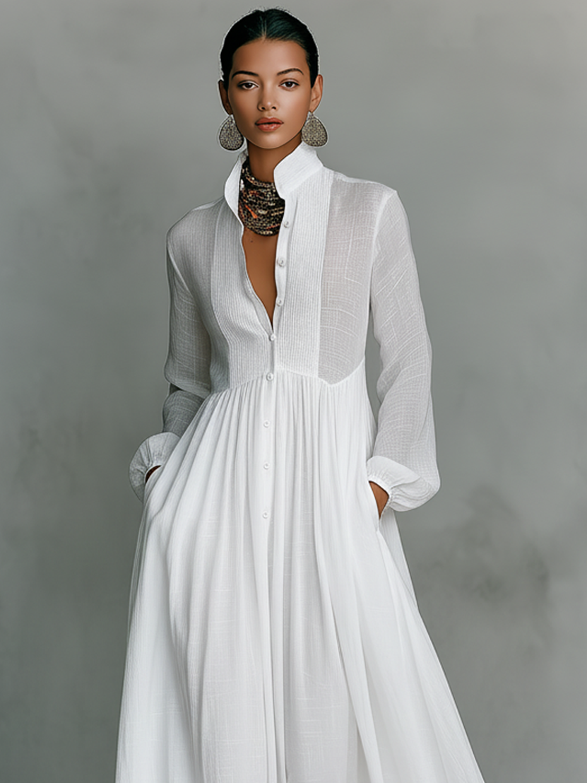Zoé | Robe Maxi Patchwork en Coton et Lin, Col Montant