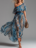 Sauvage | Robe longue en mousseline à imprimé léopard et épaules dénudées