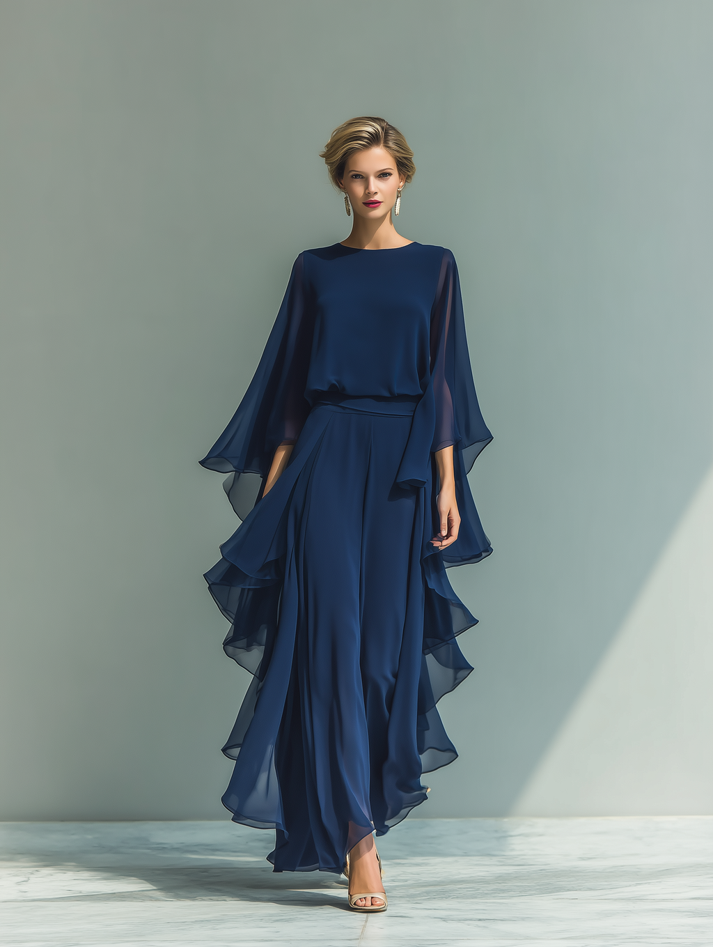 Clarisse | Ensemble Mousseline Bleu Marine, Manches Évasées et Pantalon à Volants