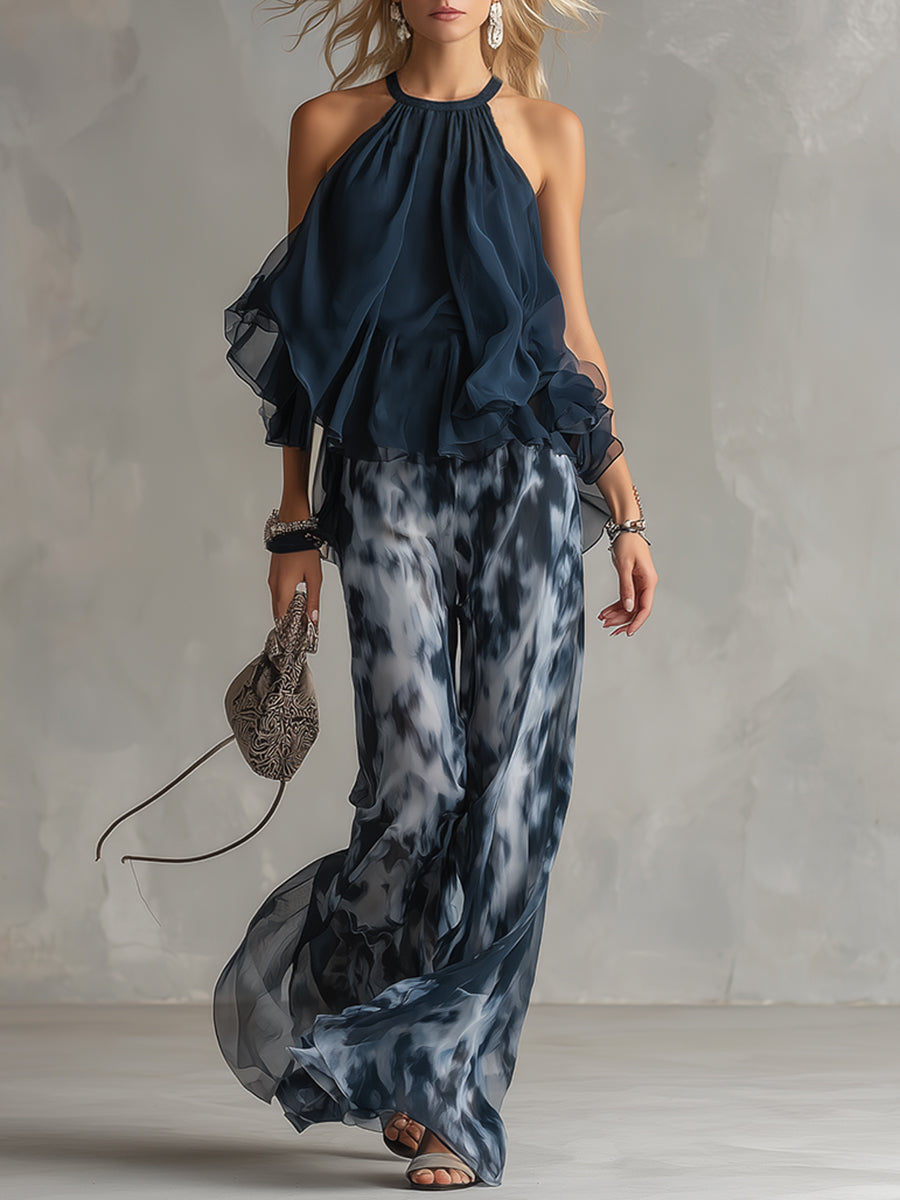 Marie | Ensemble élégant avec haut dos nu bleu marine et pantalon large imprimé