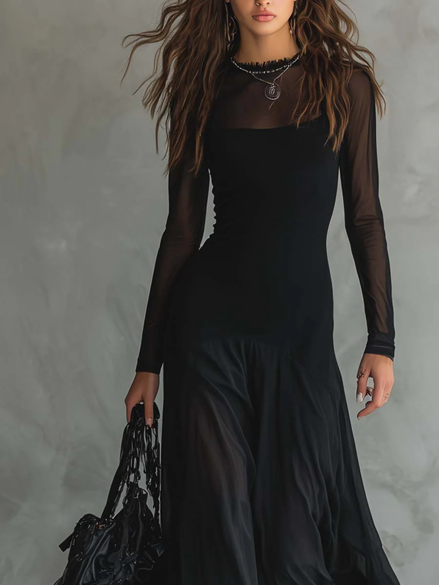 Domitille | Robe Maxi Noire, Patchwork de Tulle