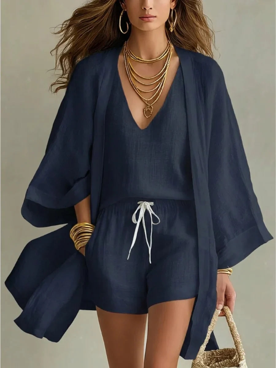 Charlotte | Ensemble trois pièces : gilet ample et short à cordon de serrage