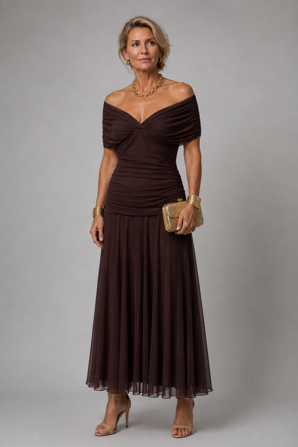 Ariane | Robe Midi Épaules Dénudées Drapée