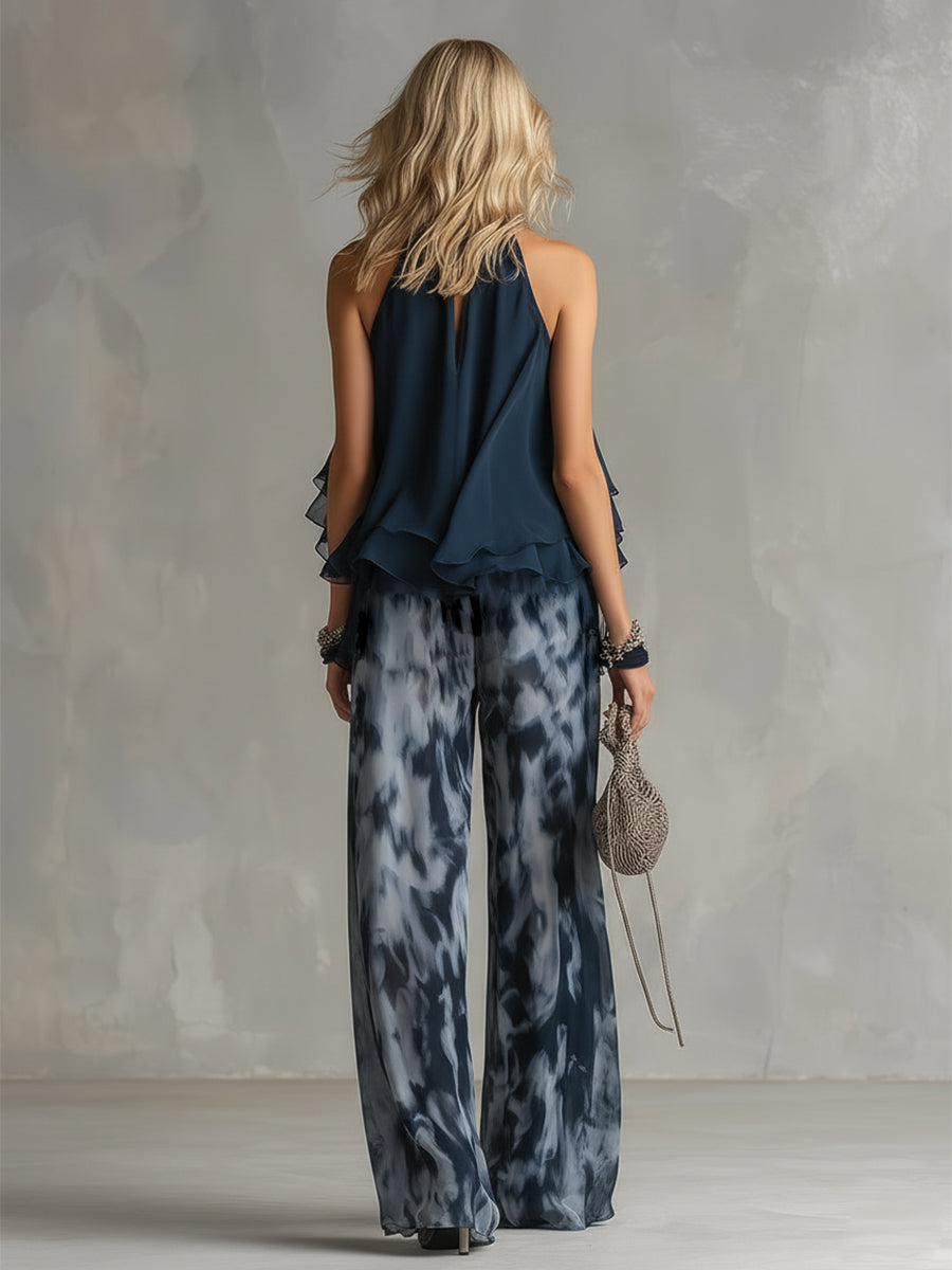 Chloé | Ensemble élégant avec haut dos nu bleu marine et pantalon large imprimé