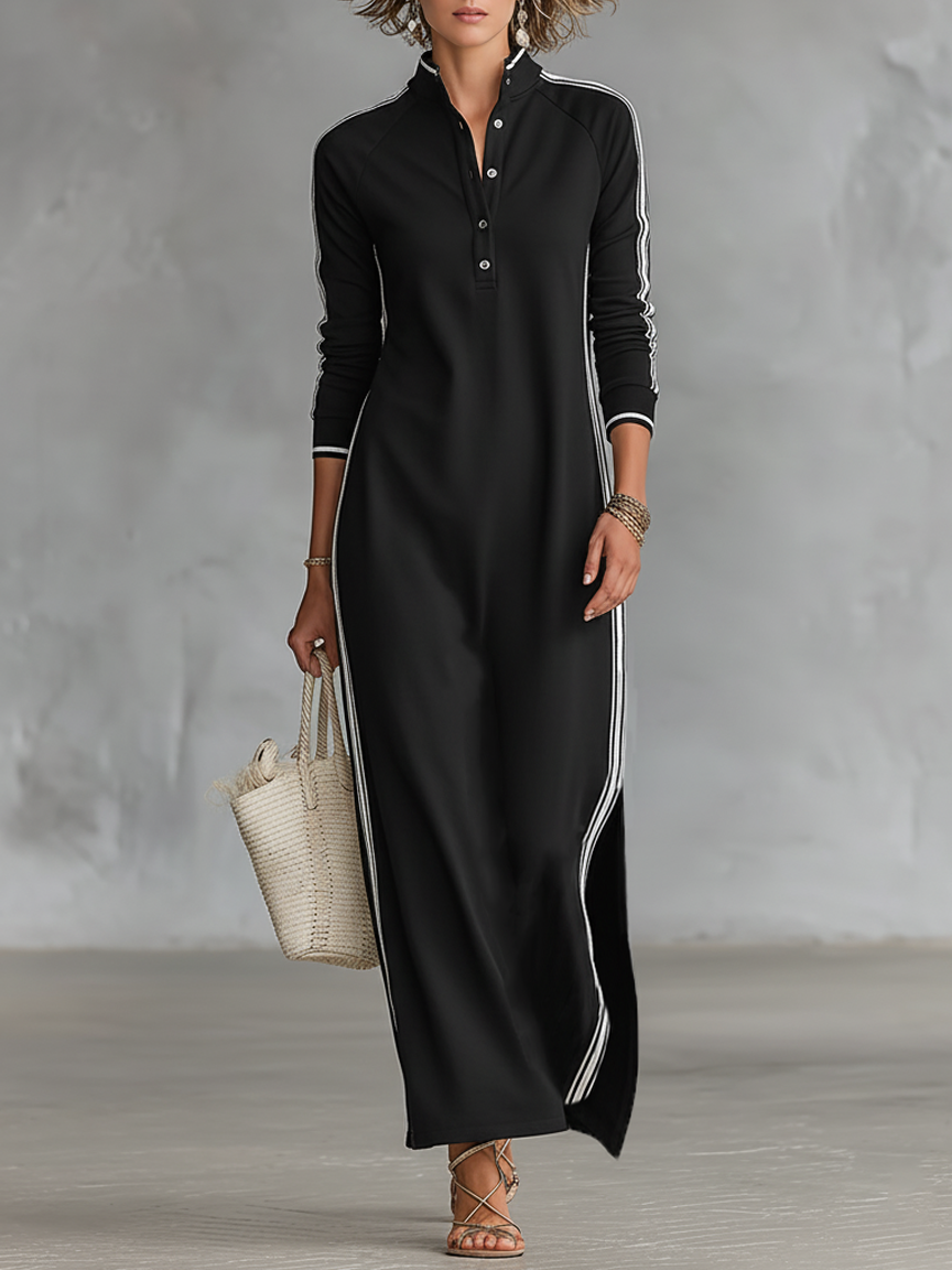 Laure | Robe Maxi en Molleton, Col Boutonné et Ourlet Blanc