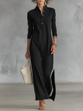 Laure | Robe Maxi en Molleton, Col Boutonné et Ourlet Blanc