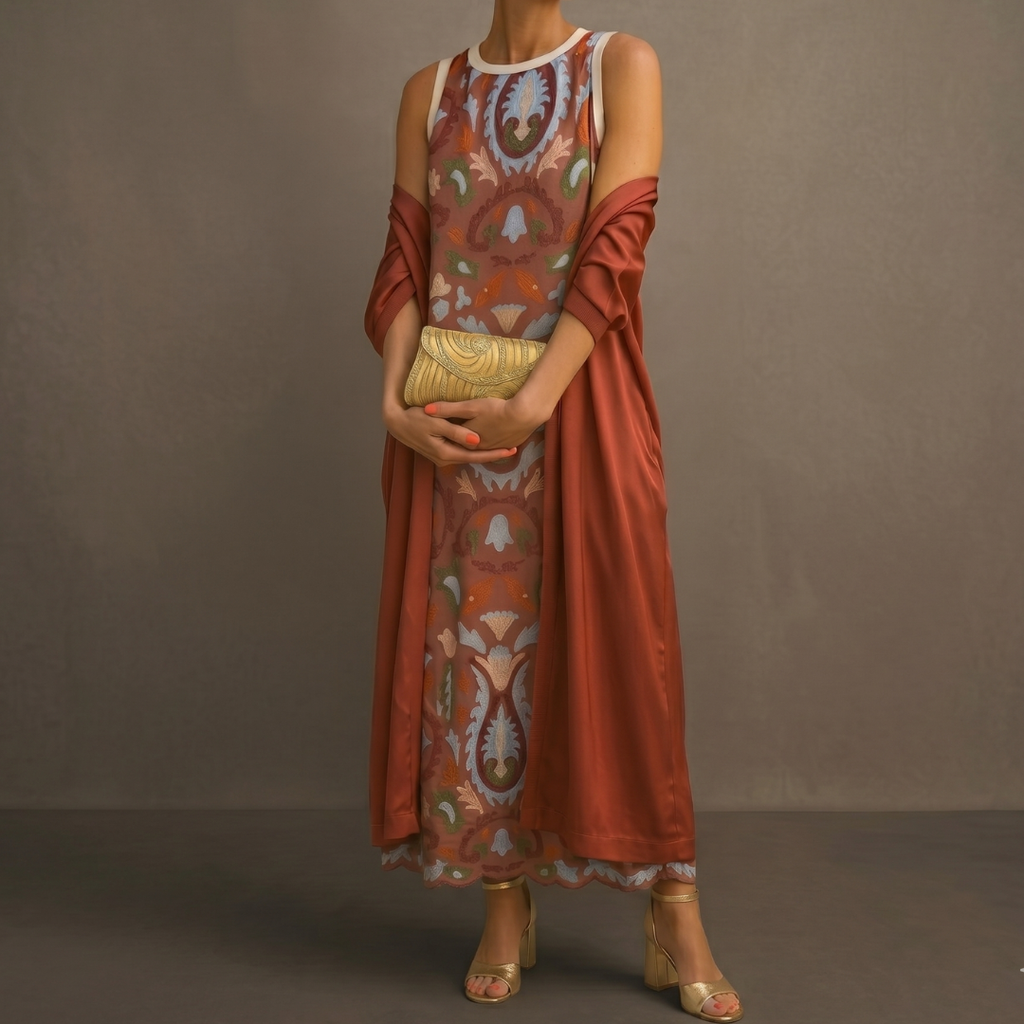 Danielle | Robe longue imprimée et gilet assorti