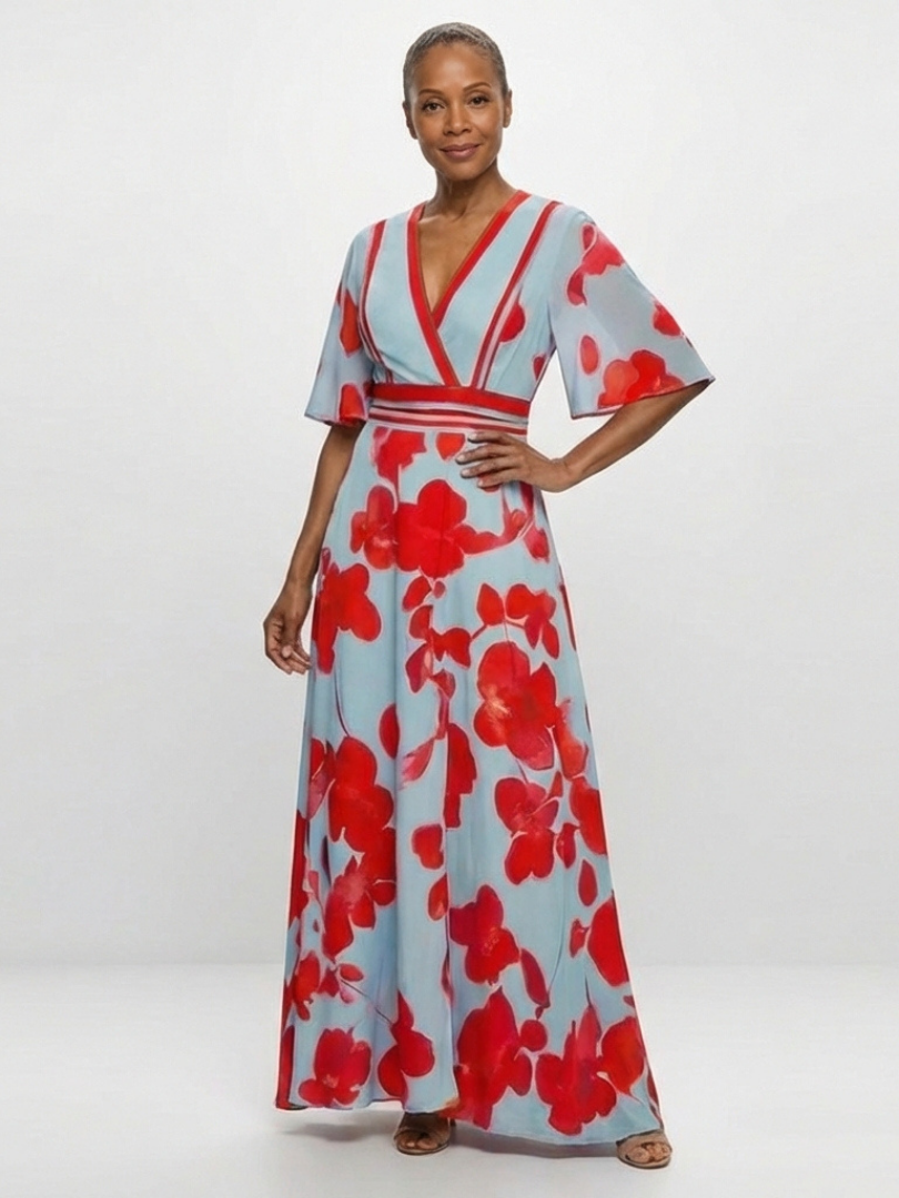 Corinne | Robe maxi fleurie à manches courtes et col en V
