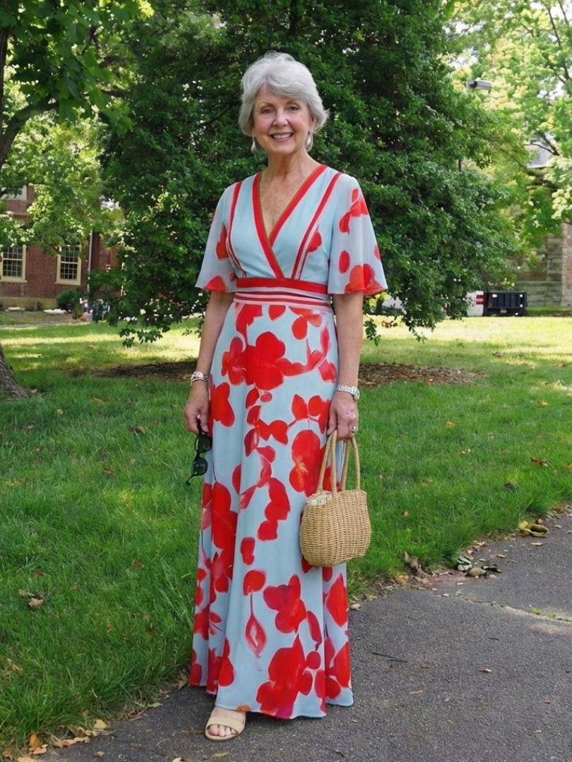 Corinne | Robe maxi fleurie à manches courtes et col en V