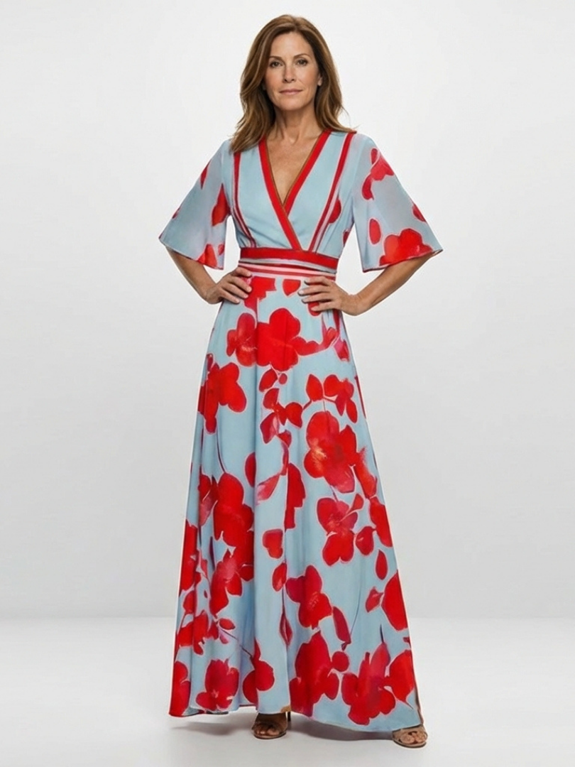 Corinne | Robe maxi fleurie à manches courtes et col en V