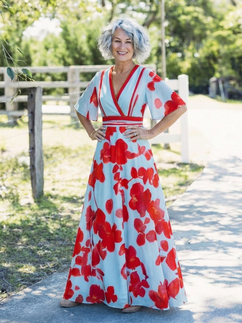 Corinne | Robe maxi fleurie à manches courtes et col en V