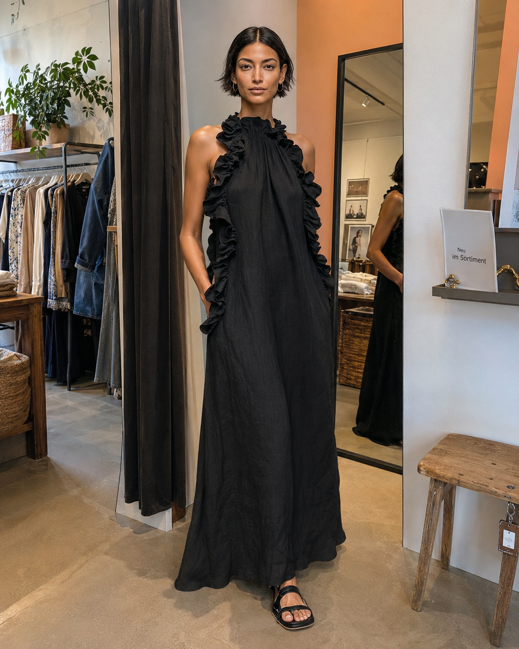 Léonore | Robe Maxi en Lin, Sans Manches, Volants