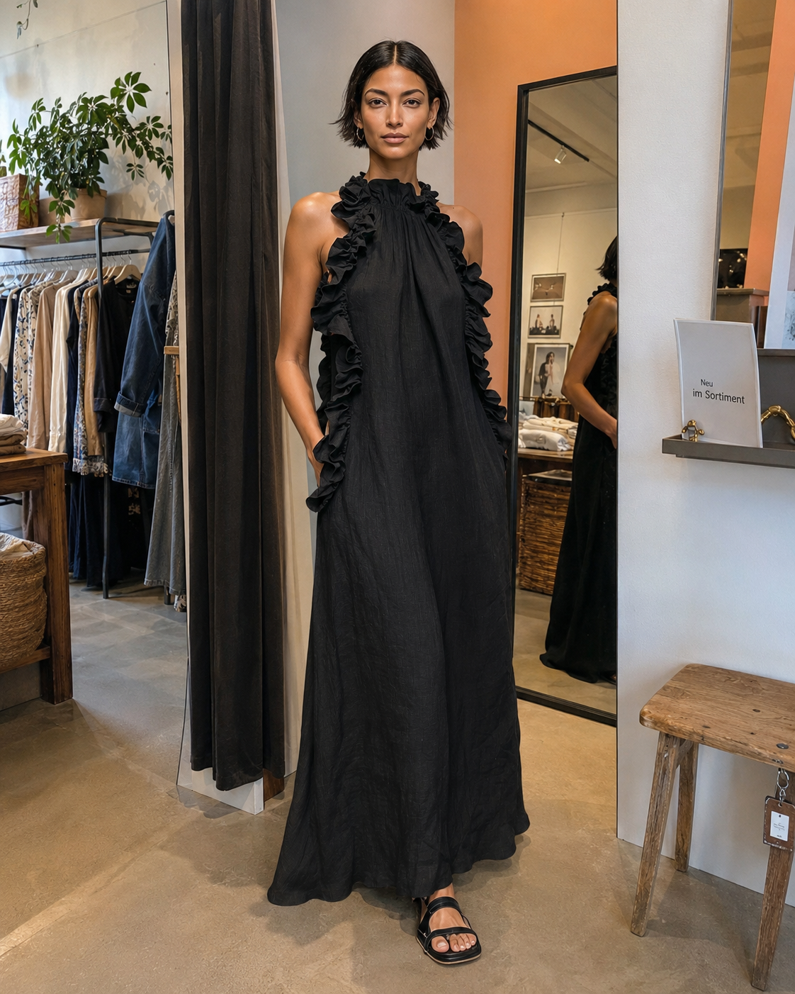 Léonore | Robe Maxi en Lin, Sans Manches, Volants