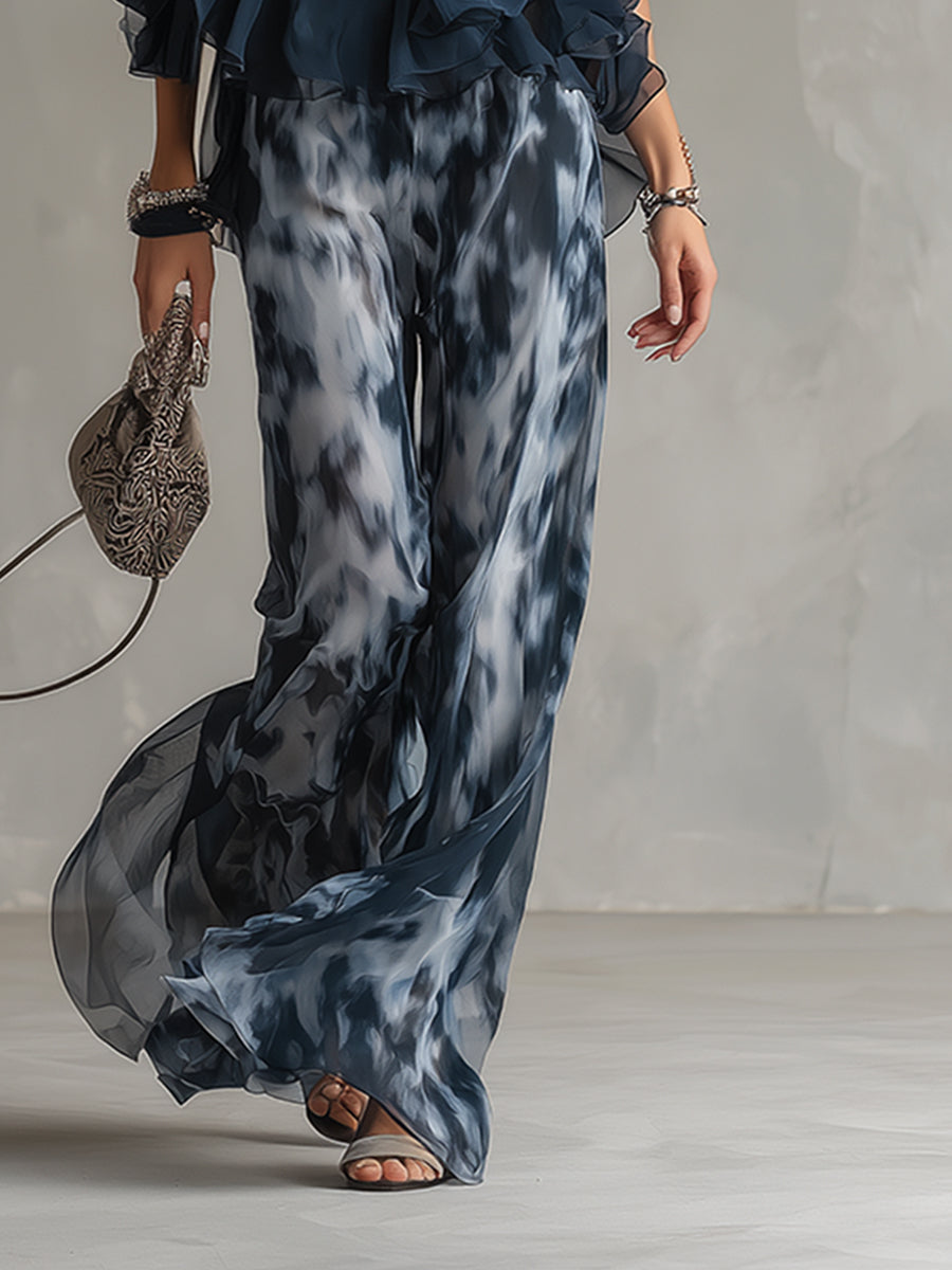 Marie | Ensemble élégant avec haut dos nu bleu marine et pantalon large imprimé