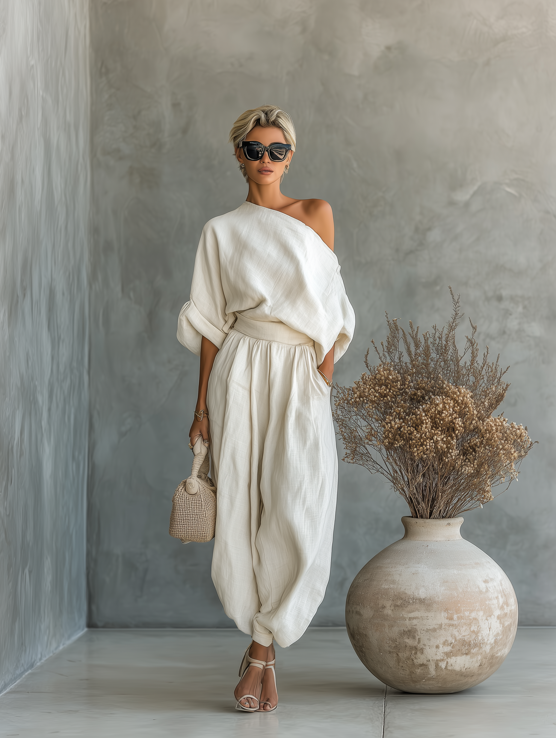 Elsa | Ensemble Lin Blanc Cassé, Épaules Dénudées et Pantalon