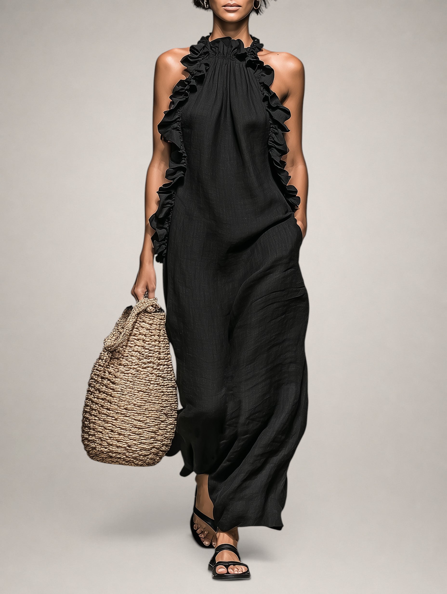 Léonore | Robe Maxi en Lin, Sans Manches, Volants