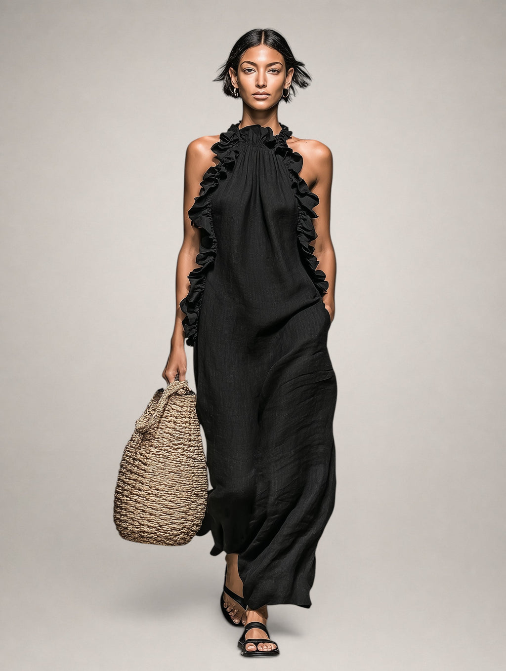 Léonore | Robe Maxi en Lin, Sans Manches, Volants