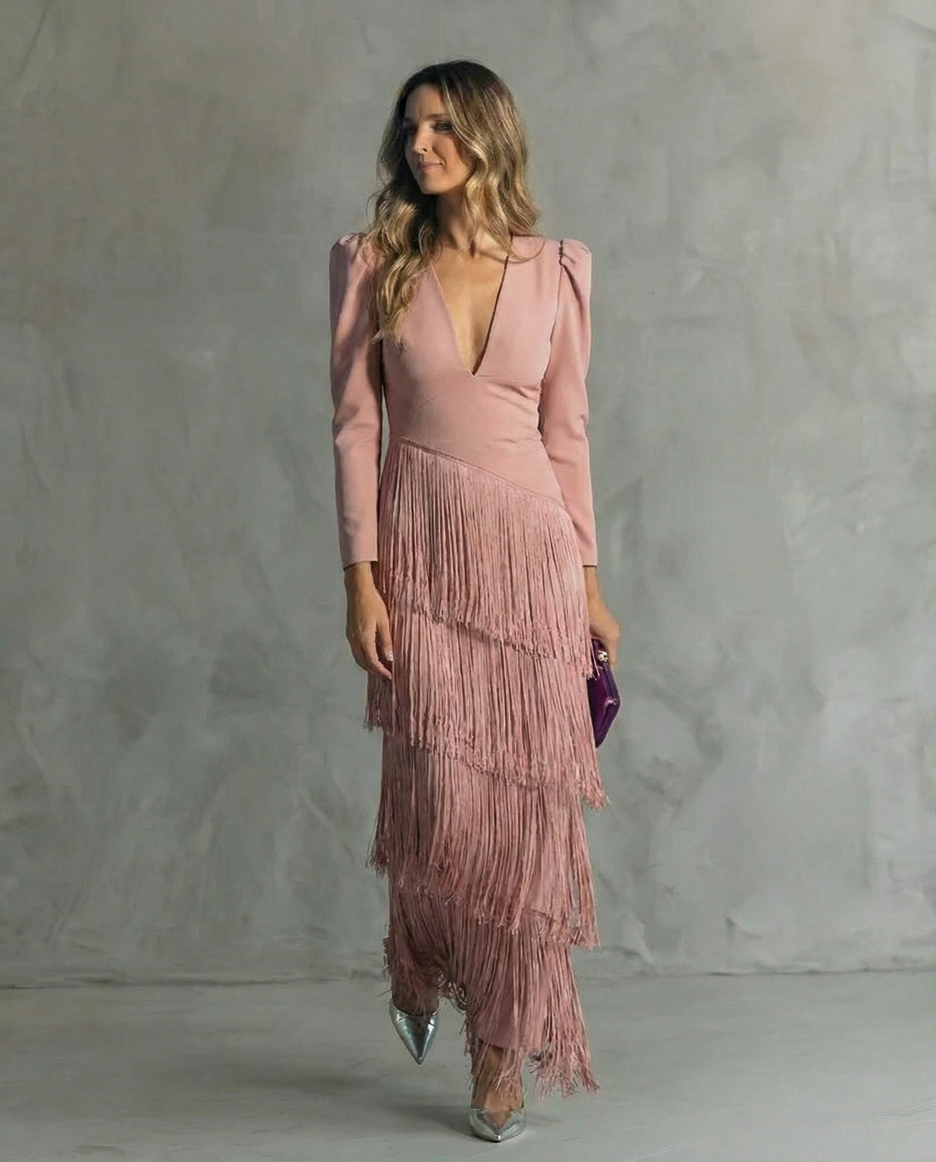 Clara | Robe Midi Élégante à Manches Franges