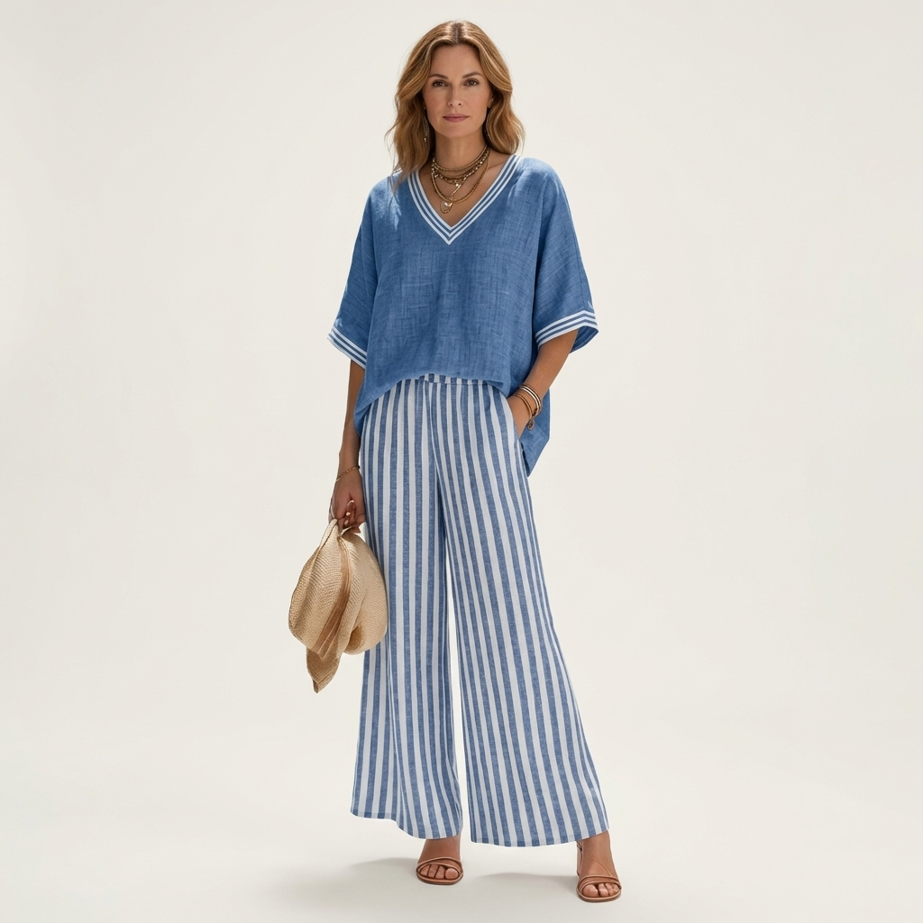 Juliette | Ensemble Haut Col en V Style Varsity & Pantalon Rayé
