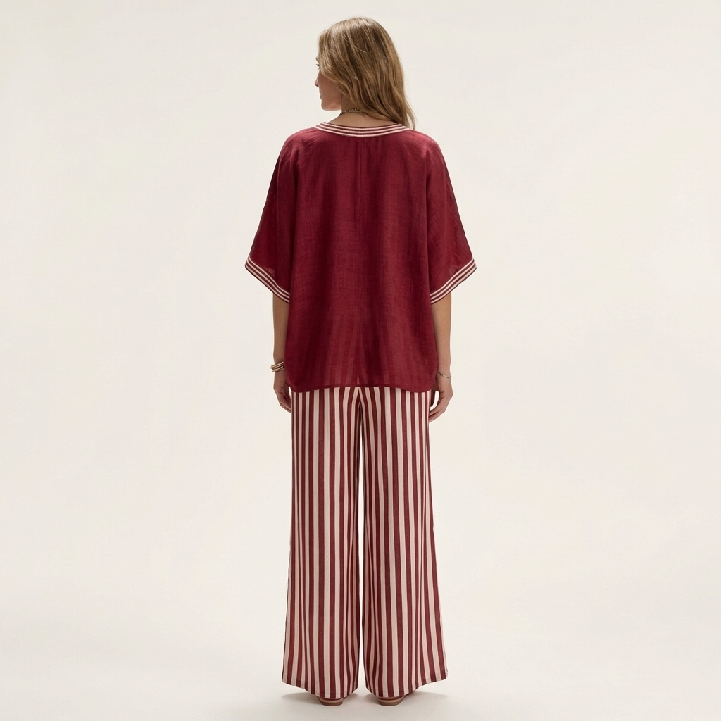 Juliette | Ensemble Haut Col en V Style Varsity & Pantalon Rayé