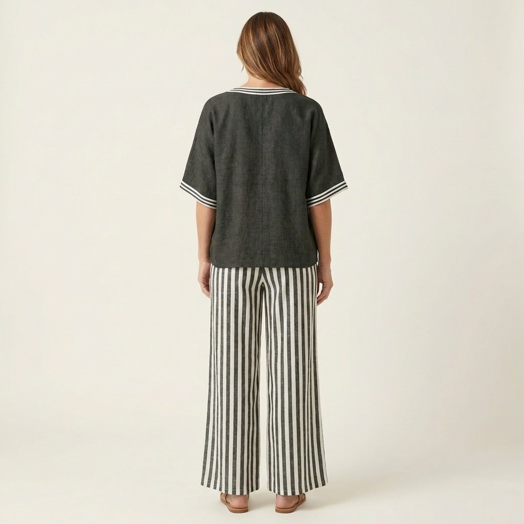 Juliette | Ensemble Haut Col en V Style Varsity & Pantalon Rayé