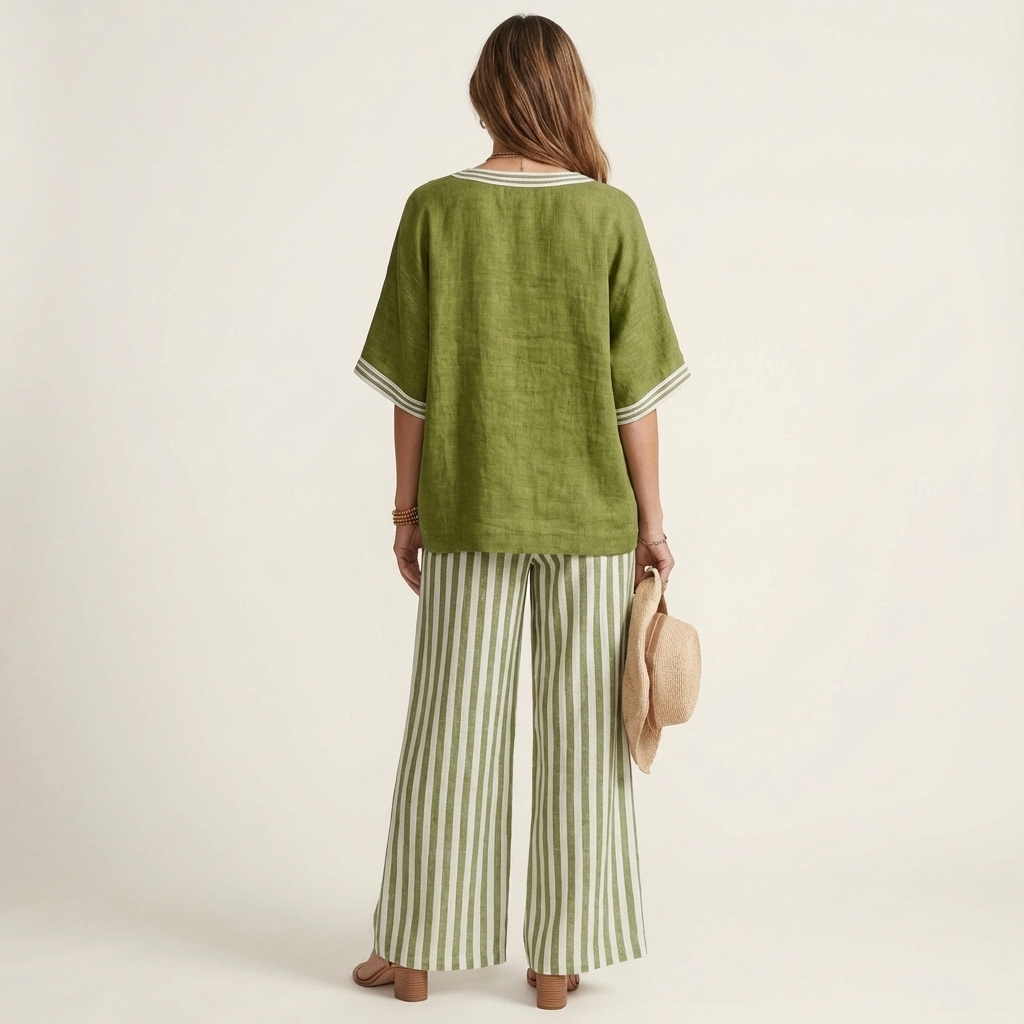 Juliette | Ensemble Haut Col en V Style Varsity & Pantalon Rayé