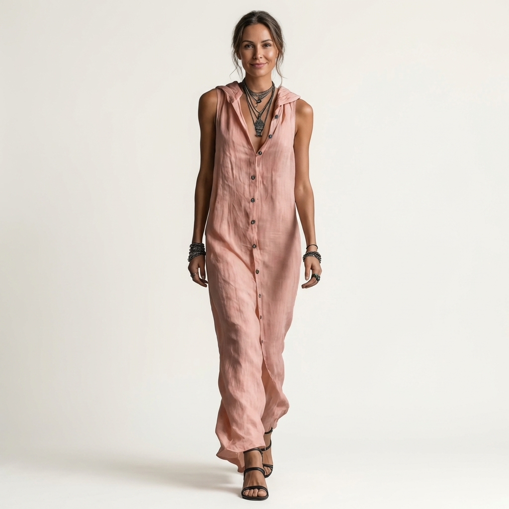 Mirabelle | Robe Maxi en Lin Sans Manches, Capuche et Boutons