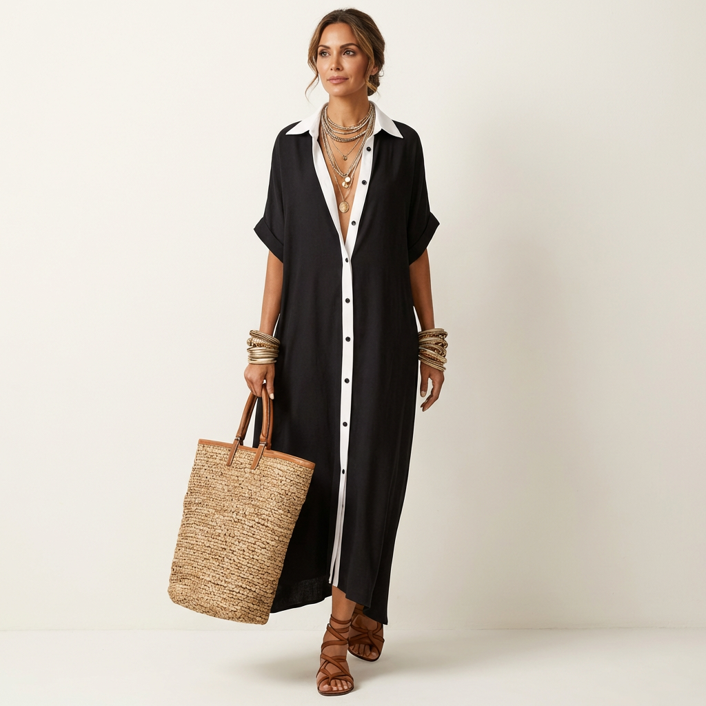 Séverine | Robe Chemise Maxi, Manches Courtes, Col Contrasté