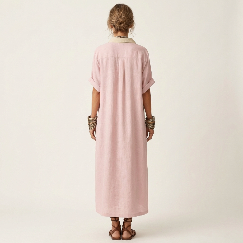 Séverine | Robe Chemise Maxi, Manches Courtes, Col Contrasté