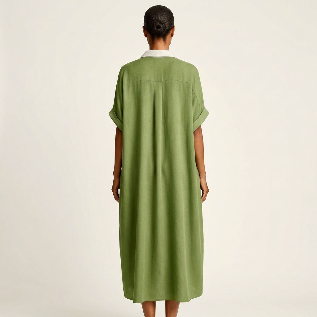 Séverine | Robe Chemise Maxi, Manches Courtes, Col Contrasté