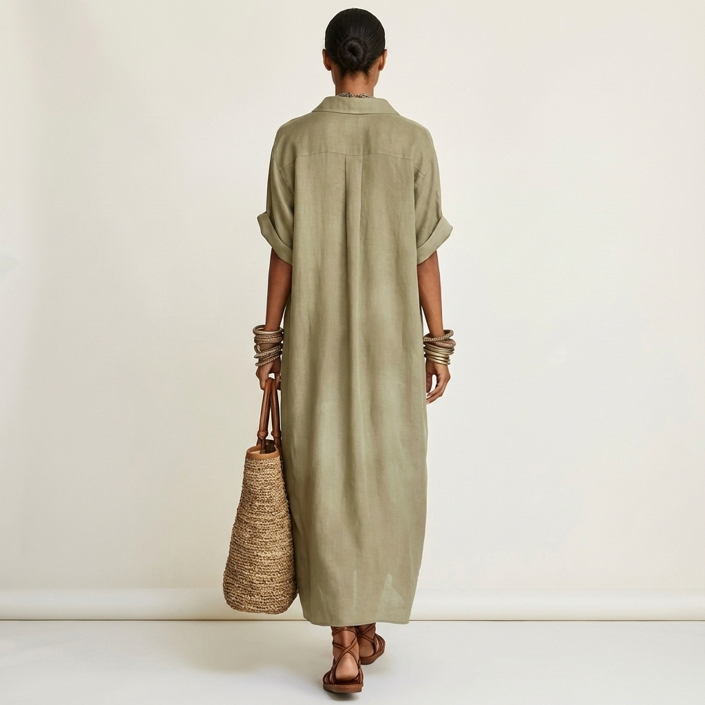 Séverine | Robe Chemise Maxi, Manches Courtes, Col Contrasté