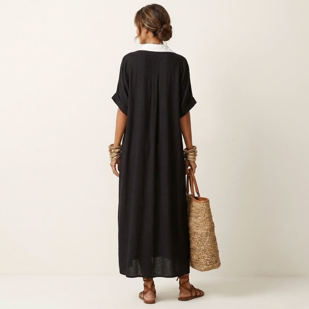 Séverine | Robe Chemise Maxi, Manches Courtes, Col Contrasté