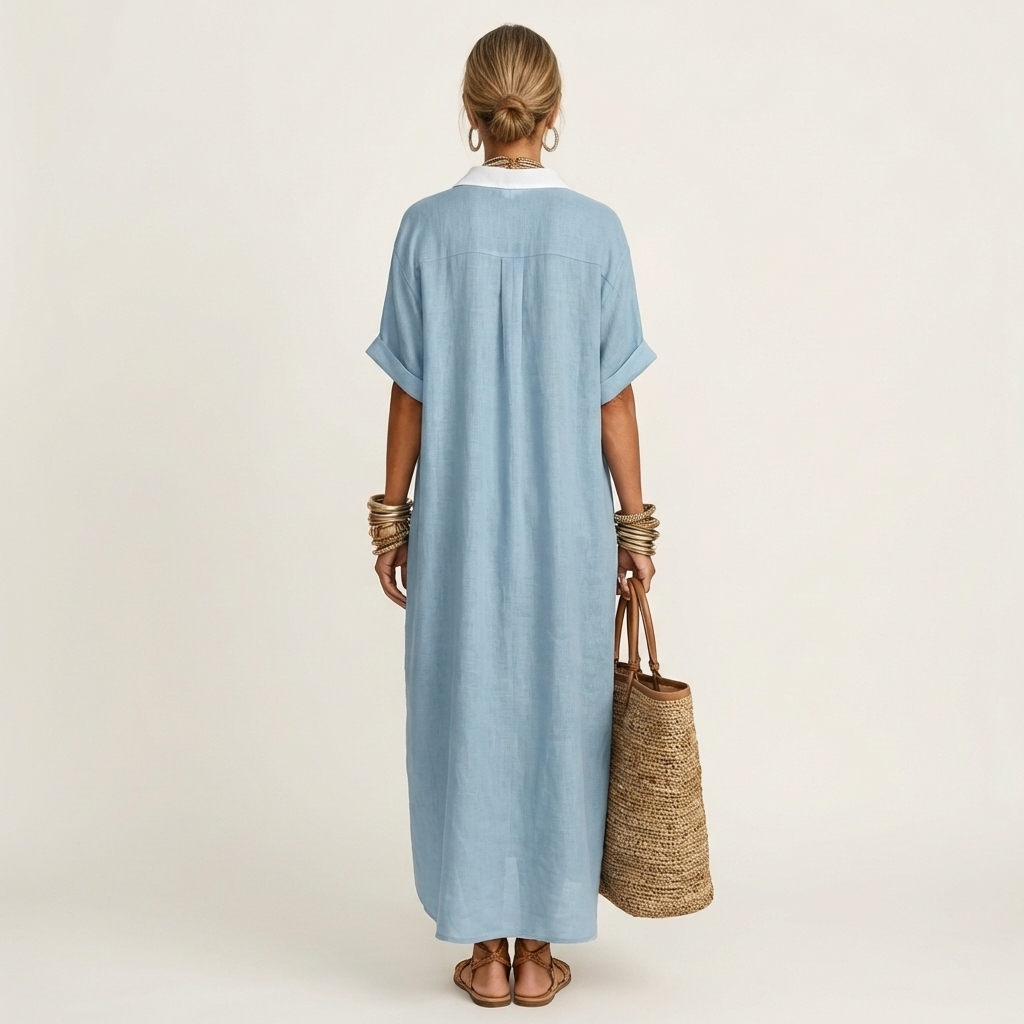 Séverine | Robe Chemise Maxi, Manches Courtes, Col Contrasté
