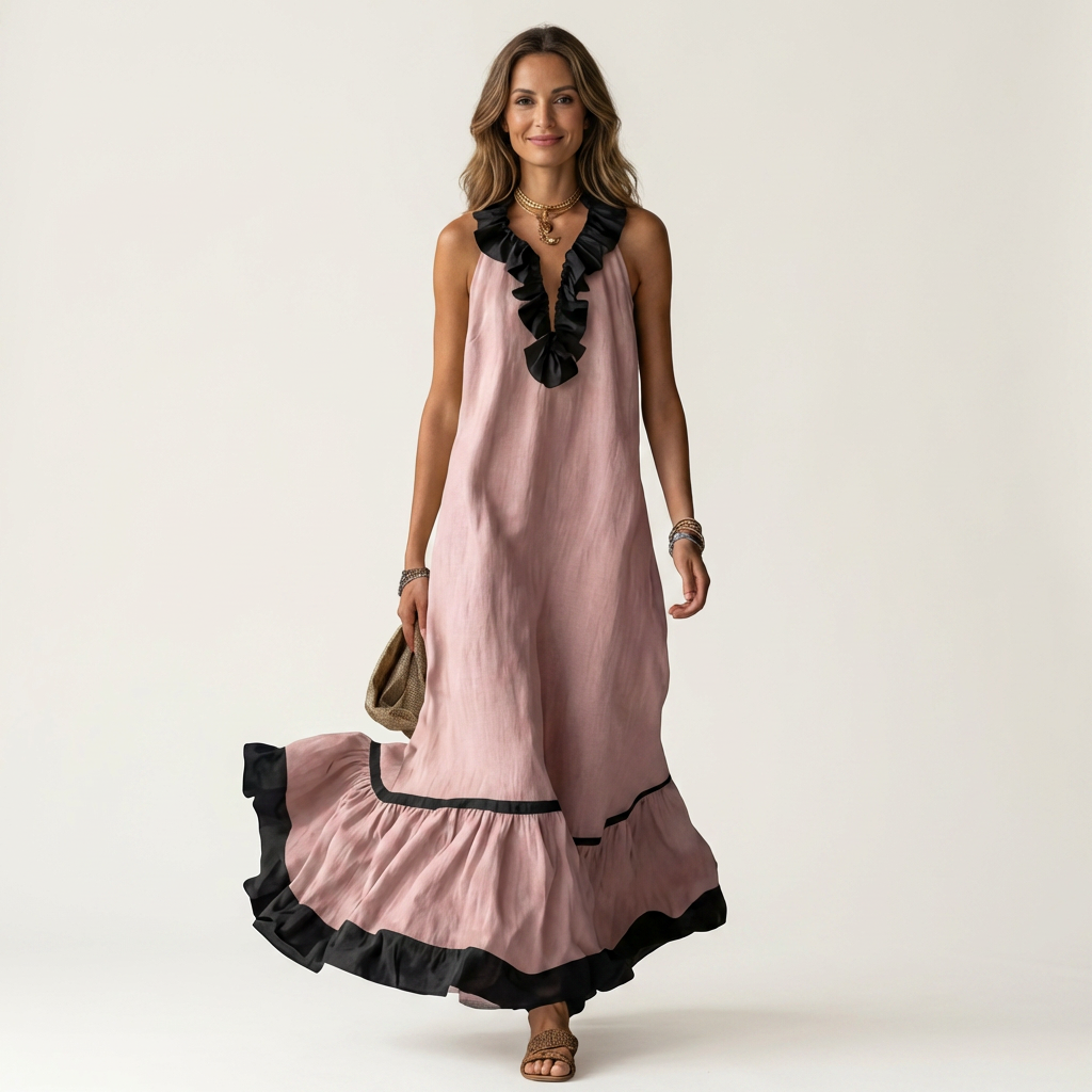 Émeline | Robe Maxi Sans Manches, Col Volanté, Liseré Contrasté