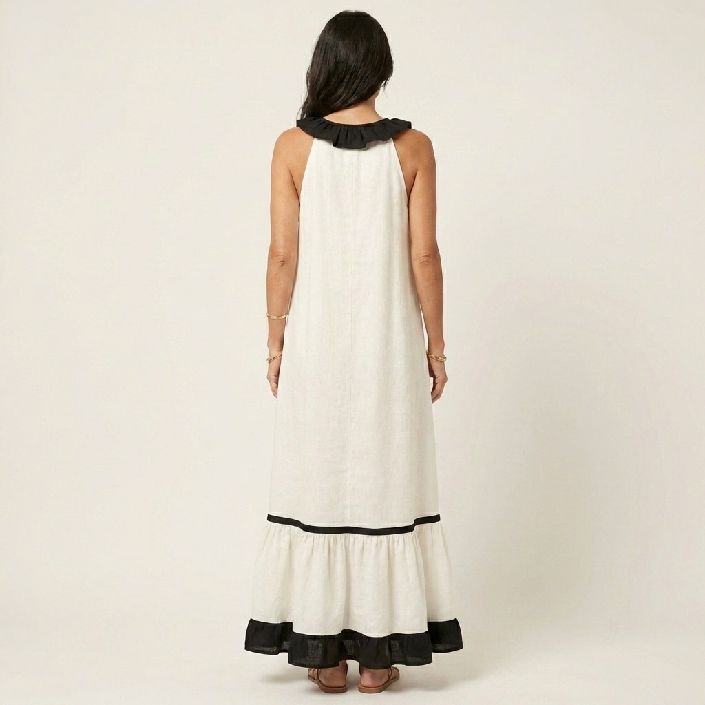 Émeline | Robe Maxi Sans Manches, Col Volanté, Liseré Contrasté