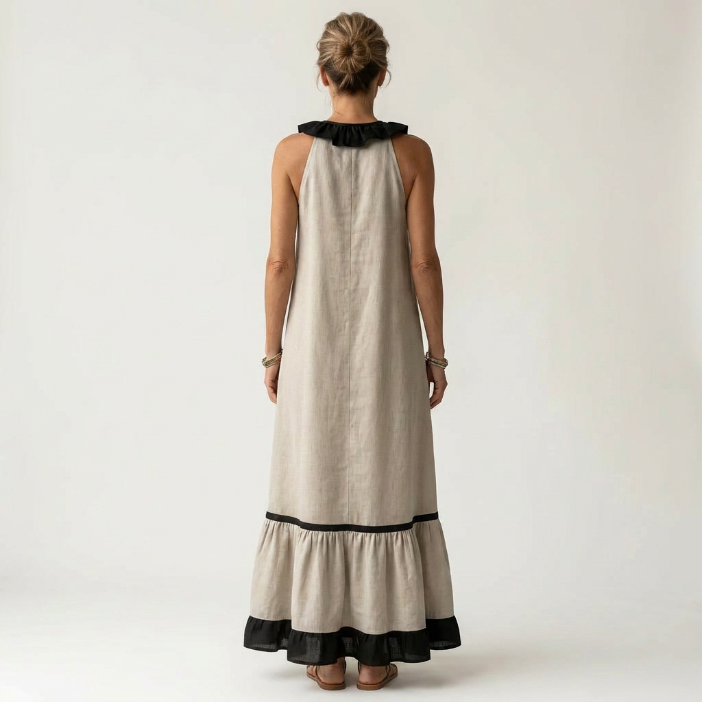 Émeline | Robe Maxi Sans Manches, Col Volanté, Liseré Contrasté
