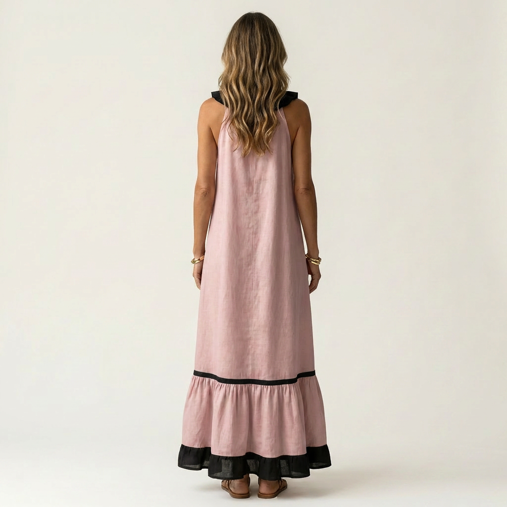 Émeline | Robe Maxi Sans Manches, Col Volanté, Liseré Contrasté