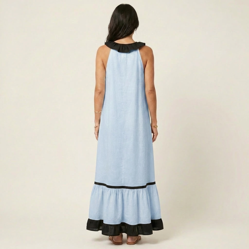 Émeline | Robe Maxi Sans Manches, Col Volanté, Liseré Contrasté