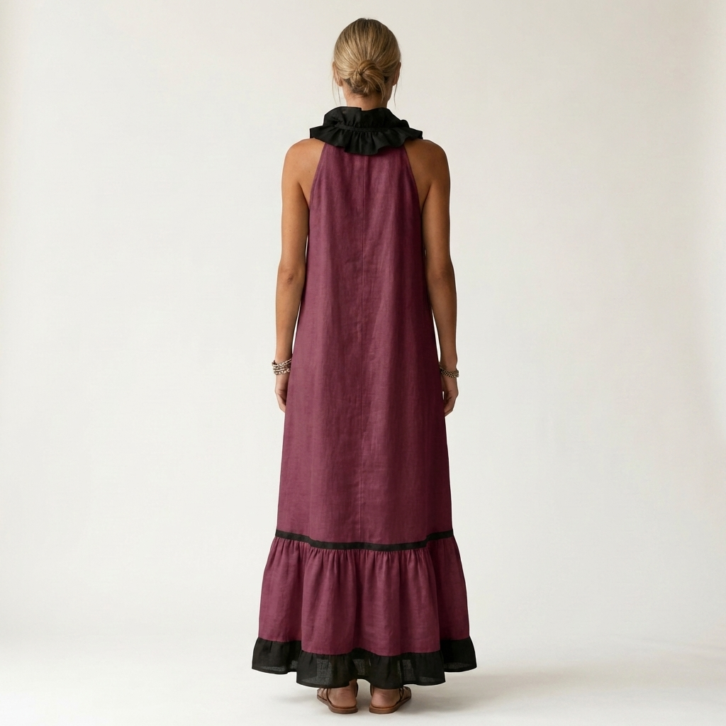 Émeline | Robe Maxi Sans Manches, Col Volanté, Liseré Contrasté