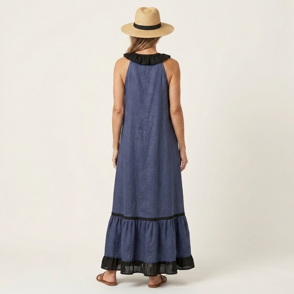 Émeline | Robe Maxi Sans Manches, Col Volanté, Liseré Contrasté